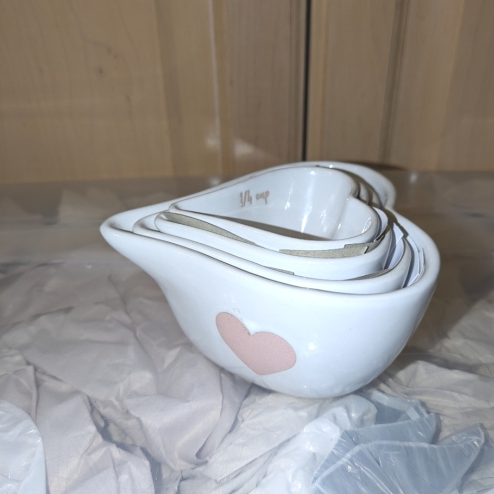 Heart-Shaped White and Pink Ceramic Measuring Cups. Pink Cottage Home Decor